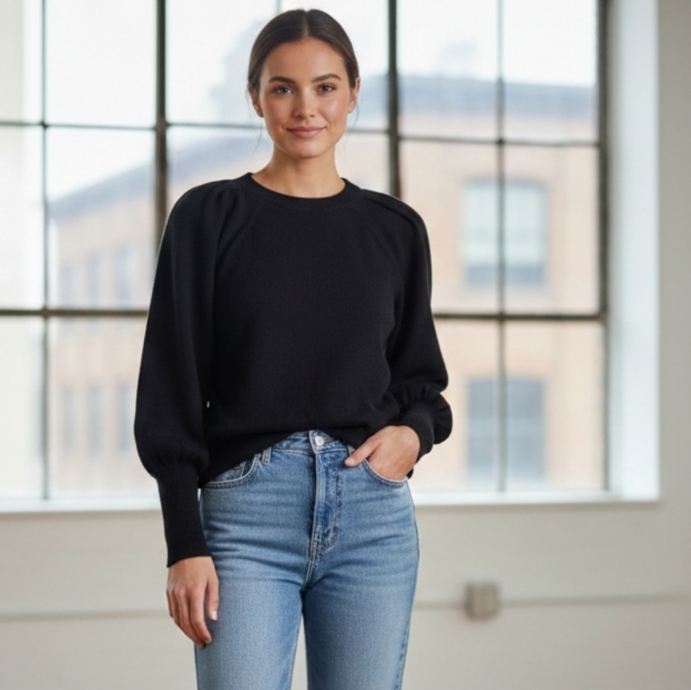 LOFT Classic Cotton Blend Black Pullover Sweater Puff Baloon Sleeve Black M
